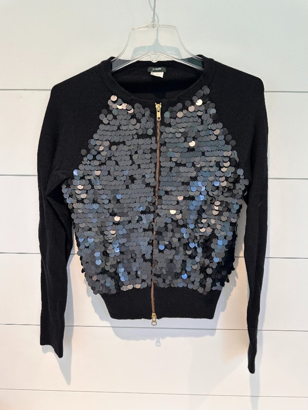 J. Crew Merino Wool Sequin Paillette Zip Cardigan - Black Size S